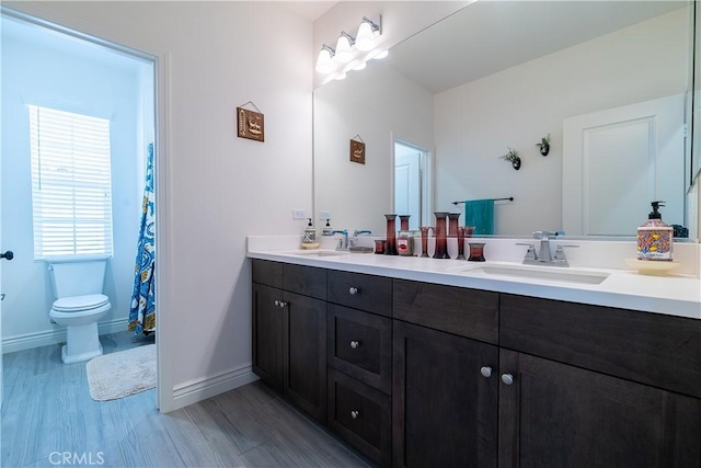 full bathroom featuring wood finished floors, a sink, baseboards, and double vanity