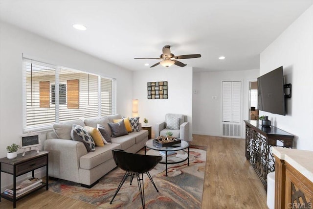 3735 Budd St, San Diego, CA 92111 - living room with baseboards, light wood-type flooring, ceiling fan, and recessed lighting