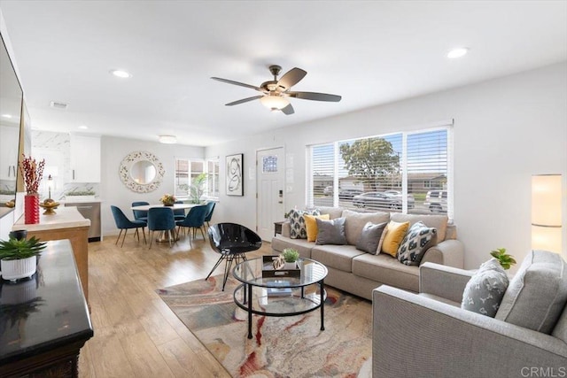 3735 Budd St, San Diego, CA 92111 - living room featuring ceiling fan, a healthy amount of sunlight, recessed lighting, and light wood-type flooring
