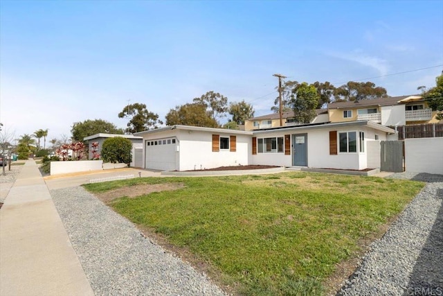 3735 Budd St, San Diego, CA 92111 - view of front facade with driveway, a front yard, fence, an attached garage, and solar panels