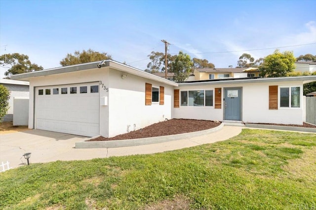 3735 Budd St, San Diego, CA 92111 - view of front of home with a garage, a front yard, driveway, and stucco siding