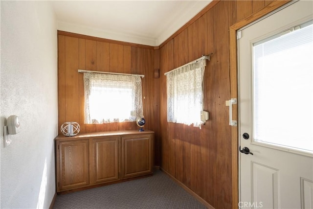 doorway featuring carpet flooring and wooden walls