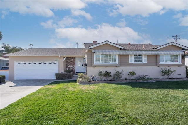 view of front of property with a garage, a front lawn, concrete driveway, and stucco siding