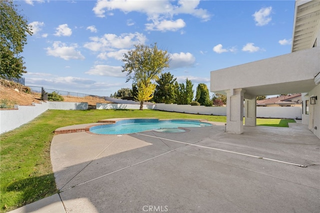 view of pool featuring a patio, a yard, a fenced backyard, and a fenced in pool