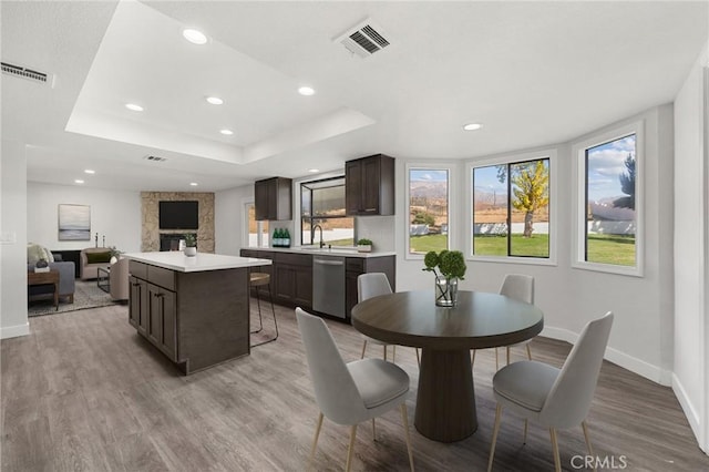 kitchen with stainless steel dishwasher, a raised ceiling, visible vents, and dark brown cabinetry