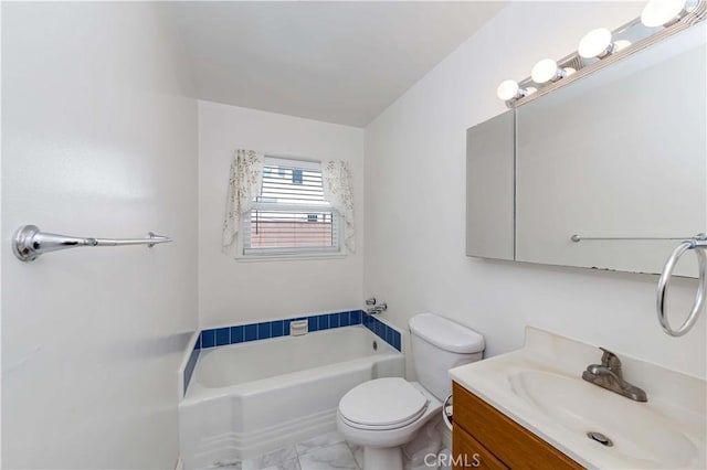 full bathroom with a garden tub, vanity, and toilet