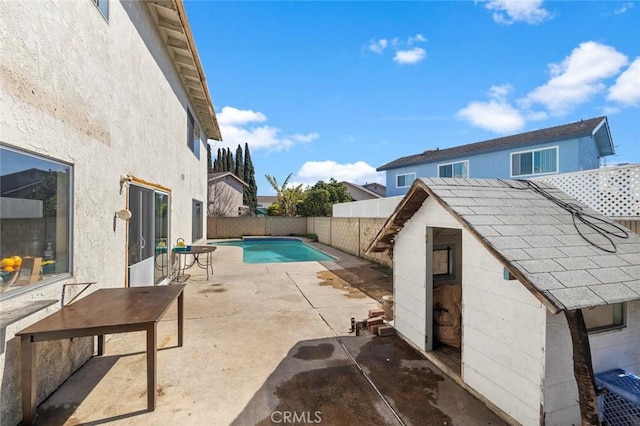 view of pool featuring a patio, central AC, a fenced backyard, and a fenced in pool