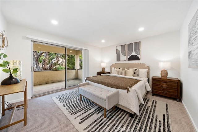 bedroom featuring access to outside, carpet floors, recessed lighting, and baseboards