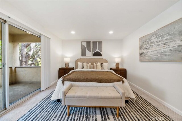 bedroom featuring carpet flooring, baseboards, and recessed lighting