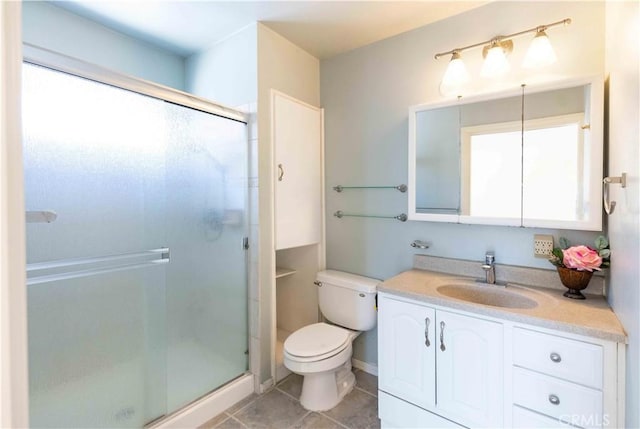 bathroom featuring toilet, a stall shower, tile patterned flooring, and vanity