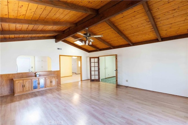 empty room featuring lofted ceiling with beams, light wood-style flooring, wood ceiling, and a ceiling fan