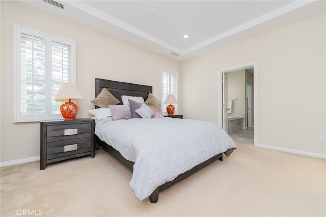 bedroom with light carpet, recessed lighting, visible vents, and baseboards