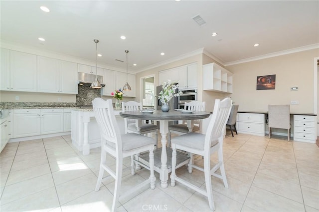 dining space featuring recessed lighting, visible vents, crown molding, and light tile patterned floors