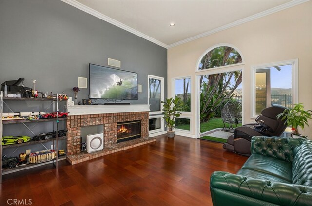 living area with a fireplace, wood finished floors, a towering ceiling, and crown molding