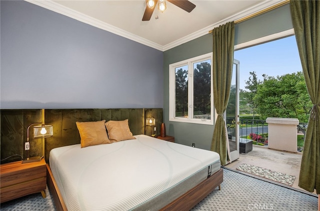 bedroom with access to outside, ornamental molding, and ceiling fan