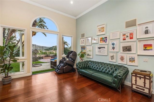 living area featuring a towering ceiling, crown molding, baseboards, and wood finished floors