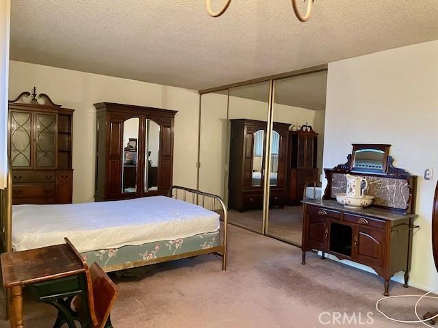 carpeted bedroom featuring a closet and a textured ceiling