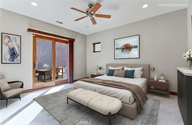 bedroom with access to exterior, baseboards, visible vents, and recessed lighting