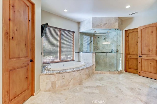 41215 Avenida De Los Posas, Murrieta, CA 92562 - bathroom featuring recessed lighting, a shower stall, a garden tub, and visible vents