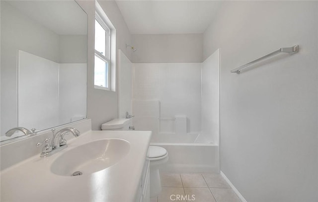 full bathroom with shower / bath combination, toilet, vanity, tile patterned flooring, and baseboards