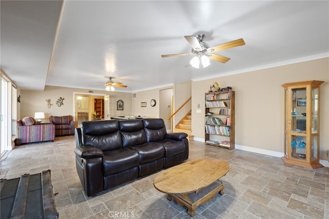 848 Burlando Rd, Kernville, CA 93238 - living area featuring stairway, ornamental molding, stone tile flooring, baseboards, and ceiling fan