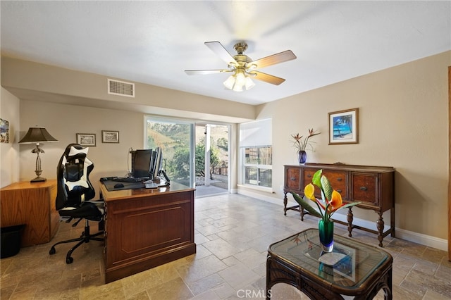 848 Burlando Rd, Kernville, CA 93238 - home office featuring ceiling fan, baseboards, stone tile flooring, and visible vents