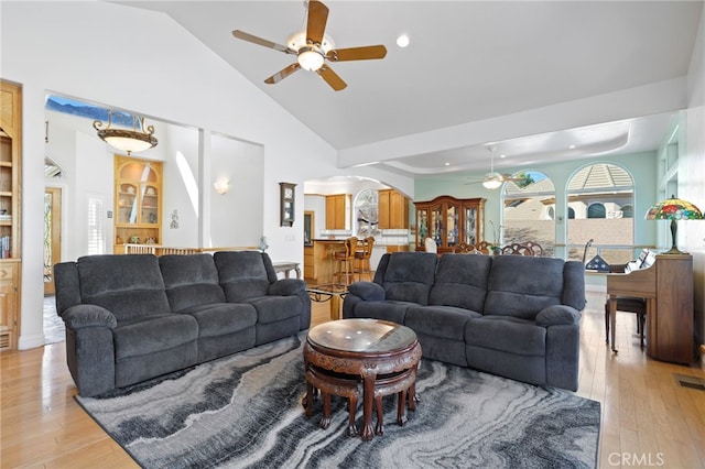 848 Burlando Rd, Kernville, CA 93238 - living room with high vaulted ceiling, a ceiling fan, light wood-style floors, arched walkways, and recessed lighting