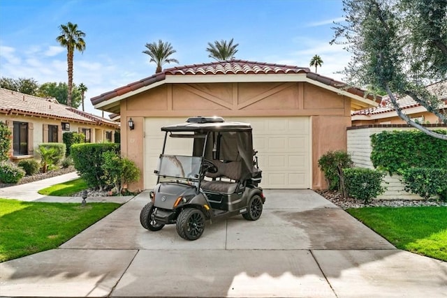 view of property exterior featuring a garage, driveway, and stucco siding