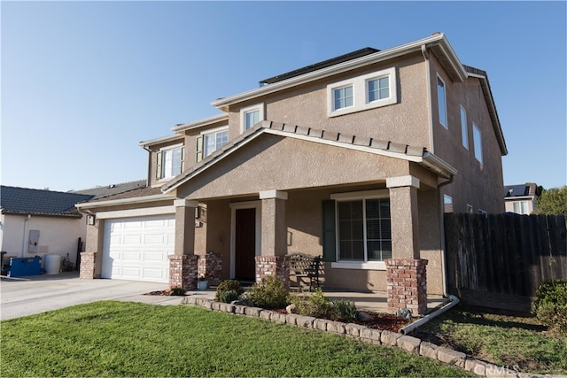 view of front of property with a garage, concrete driveway, fence, a porch, and stucco siding