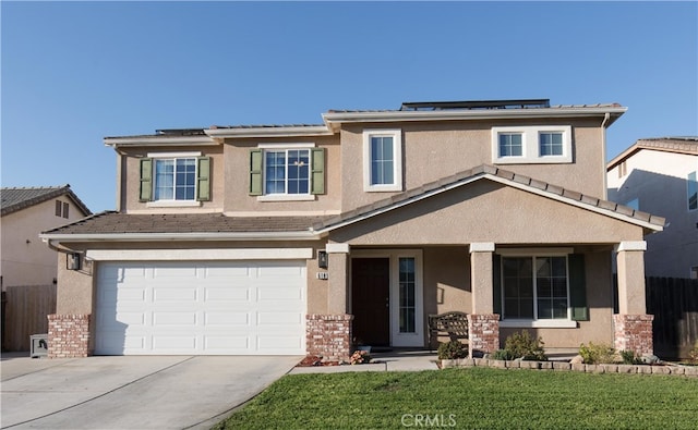 view of front of property featuring an attached garage, covered porch, fence, concrete driveway, and stucco siding