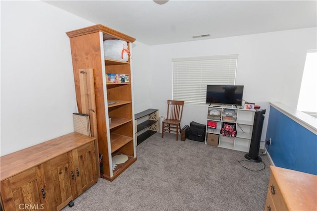 interior space with visible vents and light colored carpet