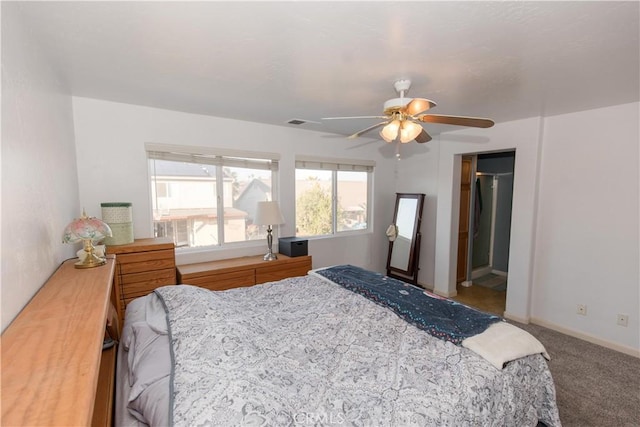 bedroom with visible vents, carpet, a ceiling fan, and baseboards