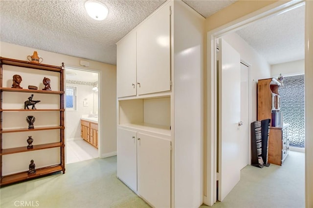 hall featuring light carpet and a textured ceiling