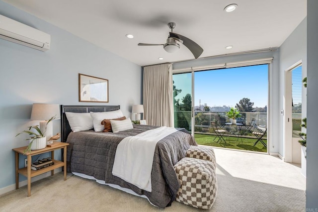 carpeted bedroom with recessed lighting, a ceiling fan, baseboards, an AC wall unit, and access to outside