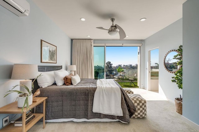 carpeted bedroom featuring ceiling fan, recessed lighting, baseboards, access to exterior, and an AC wall unit