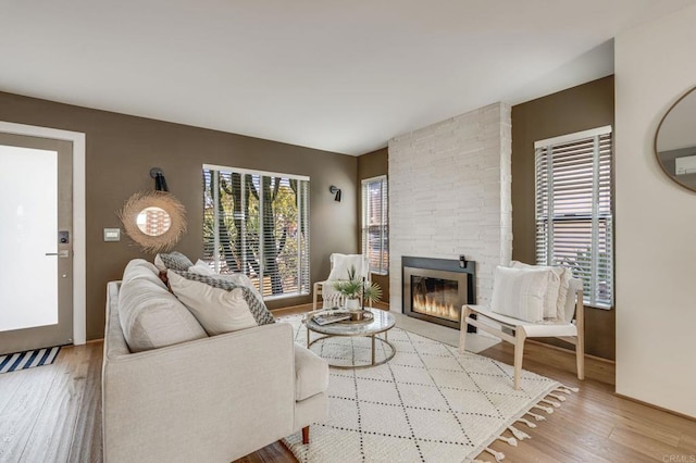 living area featuring a fireplace and wood finished floors