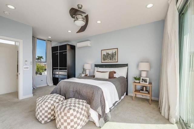 bedroom with recessed lighting, a wall mounted air conditioner, light carpet, and ceiling fan