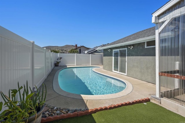 view of swimming pool with a fenced in pool, a patio area, a fenced backyard, and a mountain view