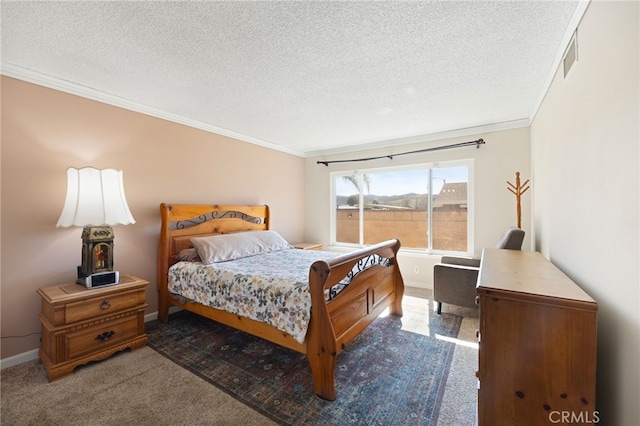 carpeted bedroom with crown molding, visible vents, baseboards, and a textured ceiling