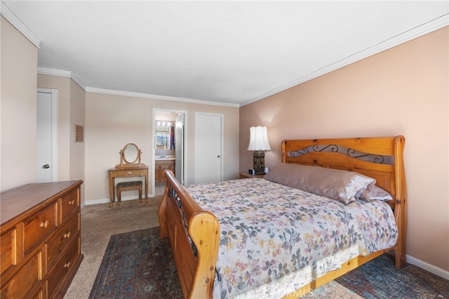 bedroom featuring baseboards, crown molding, dark carpet, and a textured ceiling