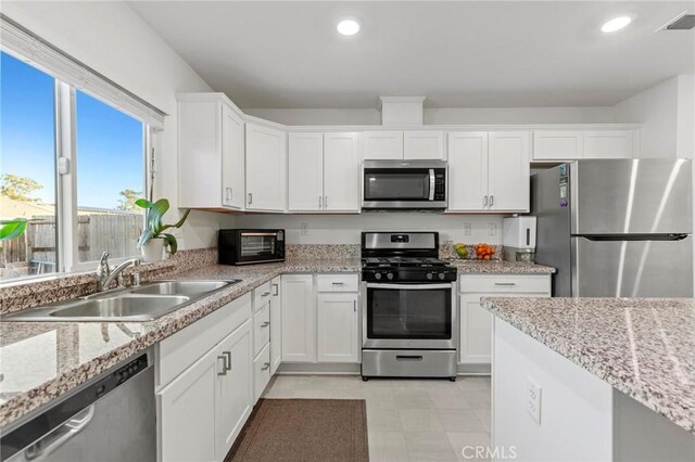 kitchen featuring white cabinets, stainless steel appliances, a sink, and recessed lighting