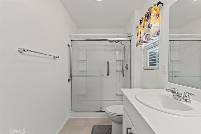 full bathroom featuring toilet, a shower stall, baseboards, and vanity