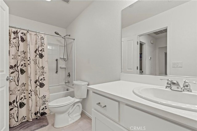 full bathroom featuring toilet, shower / tub combo, visible vents, vanity, and tile patterned floors