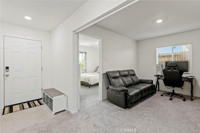 interior space featuring carpet floors, recessed lighting, and baseboards