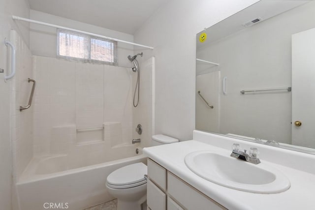 full bathroom featuring visible vents, washtub / shower combination, vanity, and toilet