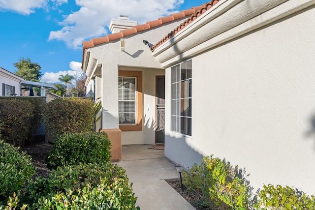 view of side of home featuring a tile roof, a patio, and stucco siding