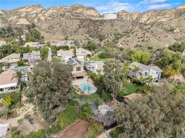 aerial view featuring a residential view and a mountain view