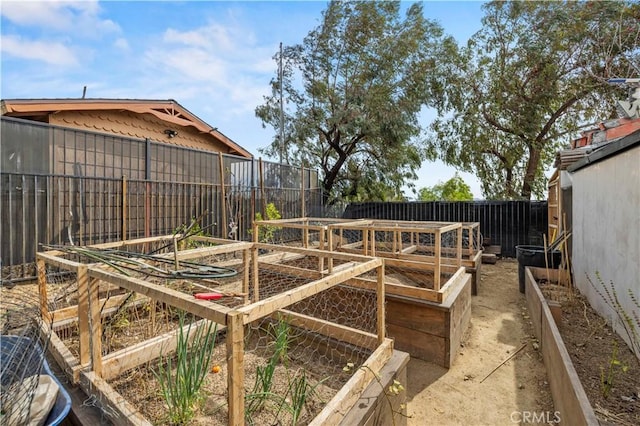 view of yard with a fenced backyard and a garden