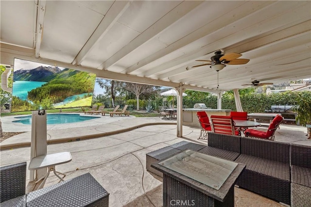 view of patio / terrace featuring an outdoor hangout area, ceiling fan, outdoor dining area, and an outdoor pool