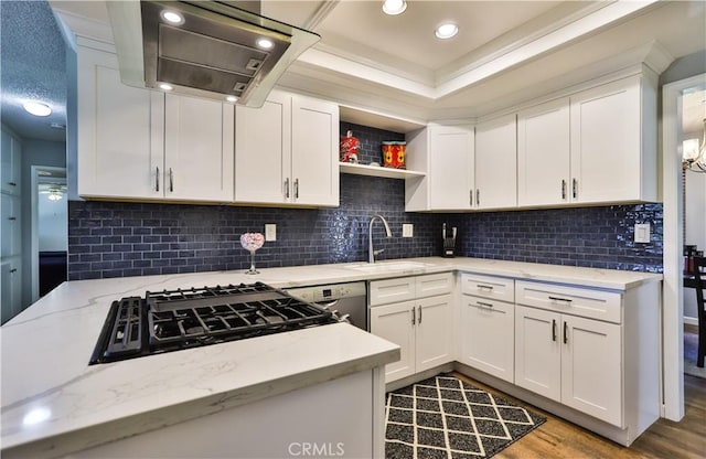 kitchen featuring light stone counters, wood finished floors, a sink, white cabinets, and open shelves